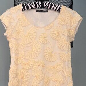 Zara Basics Light Yellow Floral Ribbon Short Sleeve Scoop Neck Top